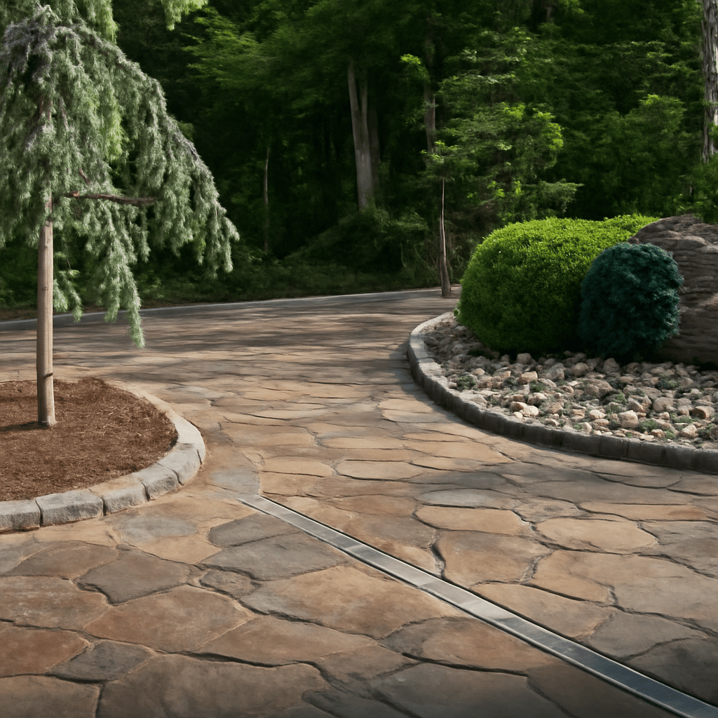 A beautiful flagstone pathway showcasing various flagstone colors and types of flagstone rock